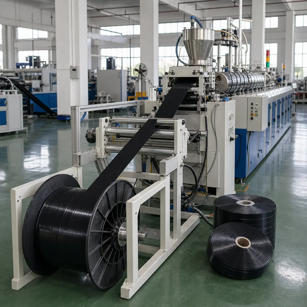 Drip irrigation tape production line in factory with rolls and winding machine