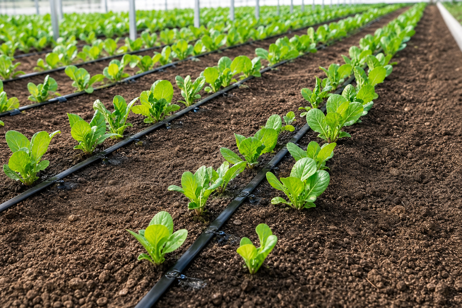 0.15mm drip irrigation tape with 150mm emitter spacing in greenhouse vegetable rows