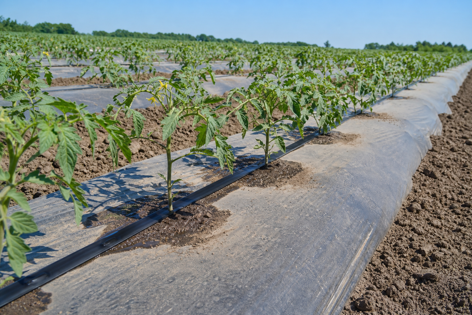 drip irrigation tape 0.18mm with 300mm emitter spacing in tomato field rows