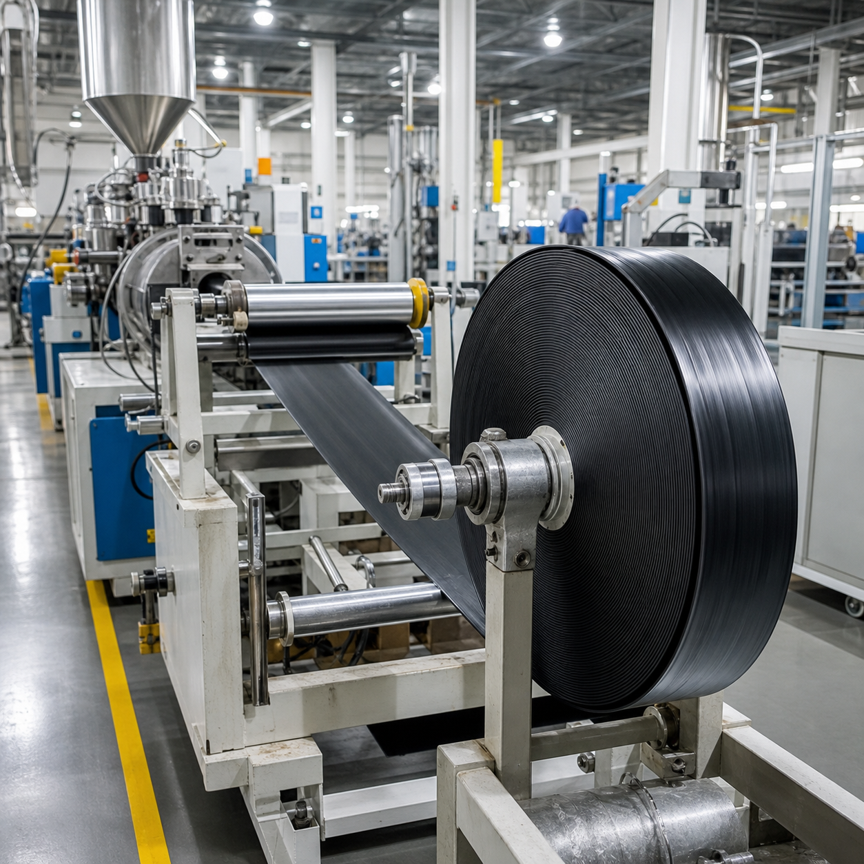 Factory production line for flat emitter drip irrigation tape rolls