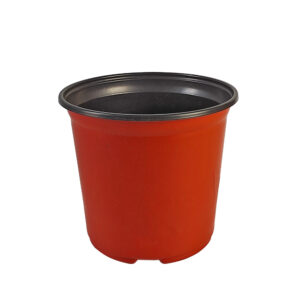 red and black plastic nursery pot with bottom drainage holes
